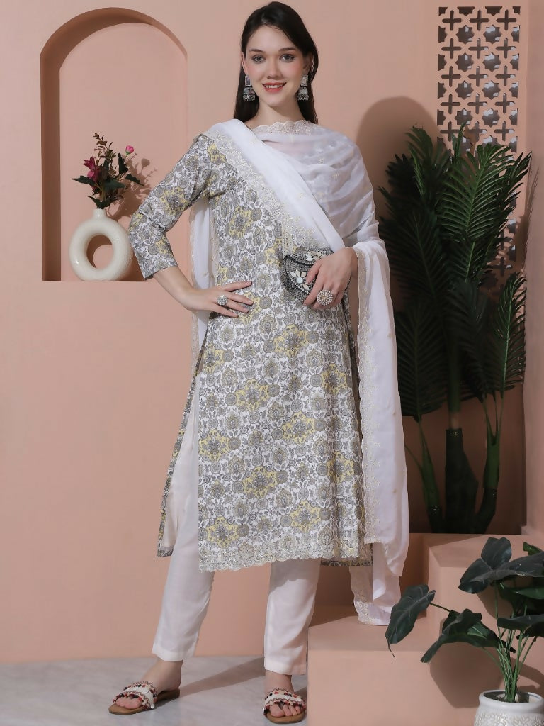 Jyoti Fashion Women's Off White Cotton Floral Digital Printed Kurta with Trouser & Dupatta | Grocsy