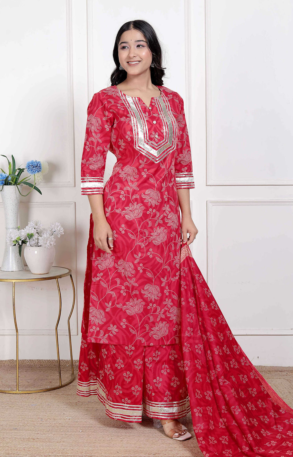 Miravan Red Floral Print Embroidered Cotton Straight Kurta with Palazzo & Dupatta | Grocsy