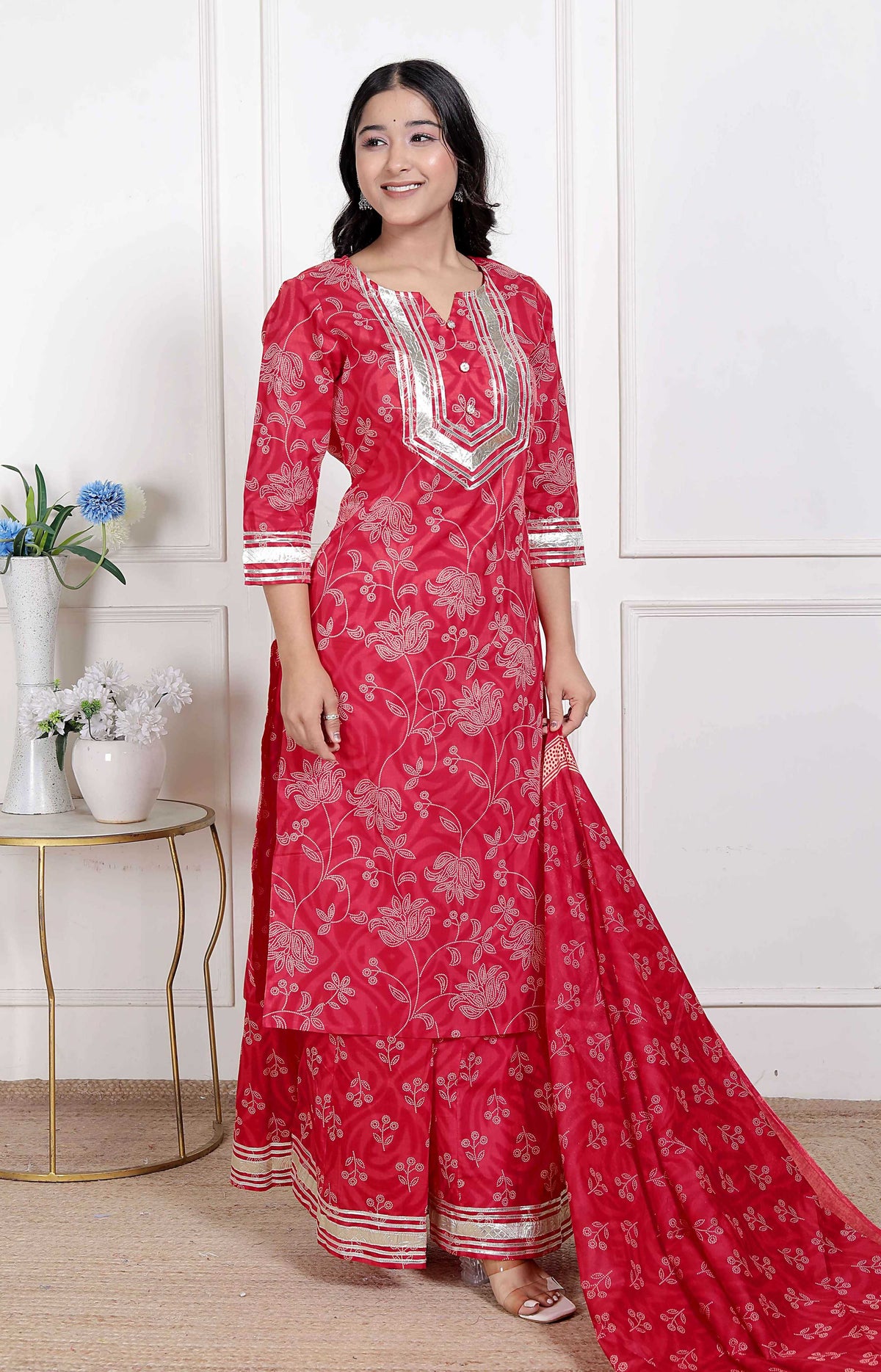 Miravan Red Floral Print Embroidered Cotton Straight Kurta with Palazzo & Dupatta | Grocsy