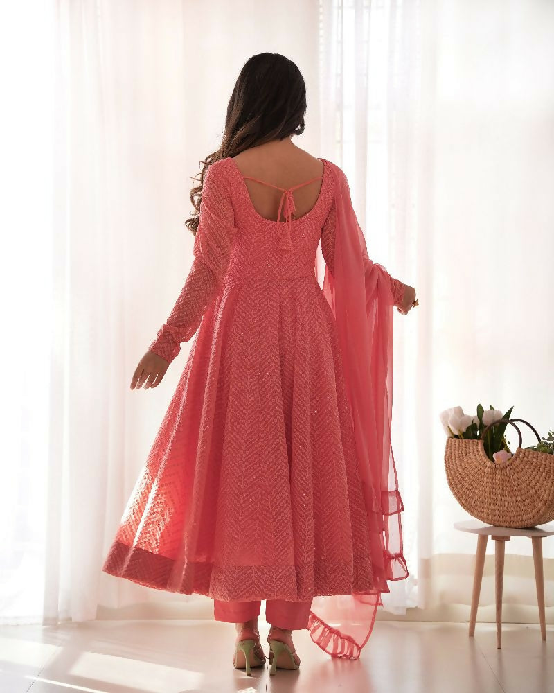 Joban Fashion Peach Kurta Set Georgette Sequence Embroidery Work | Grocsy