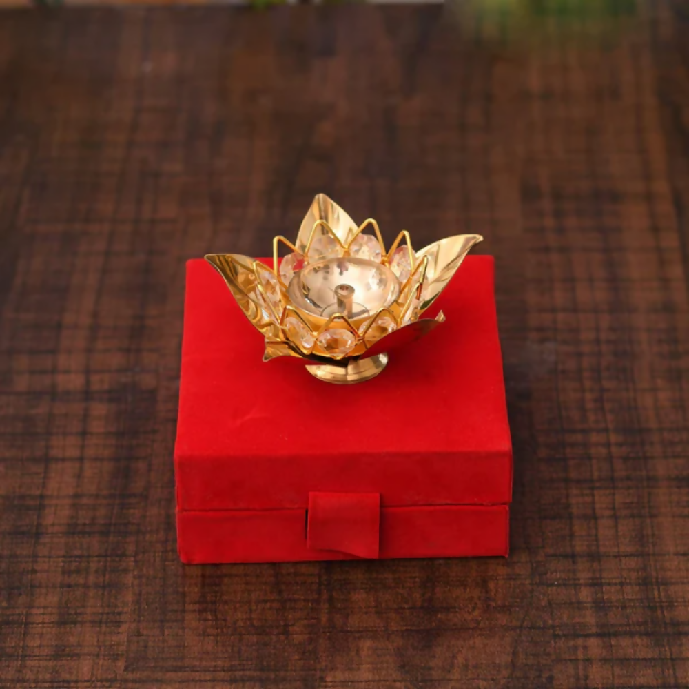 CraftVatika Brass Crystal Lotus Shape Diya Deepak With Gift Box | Grocsy