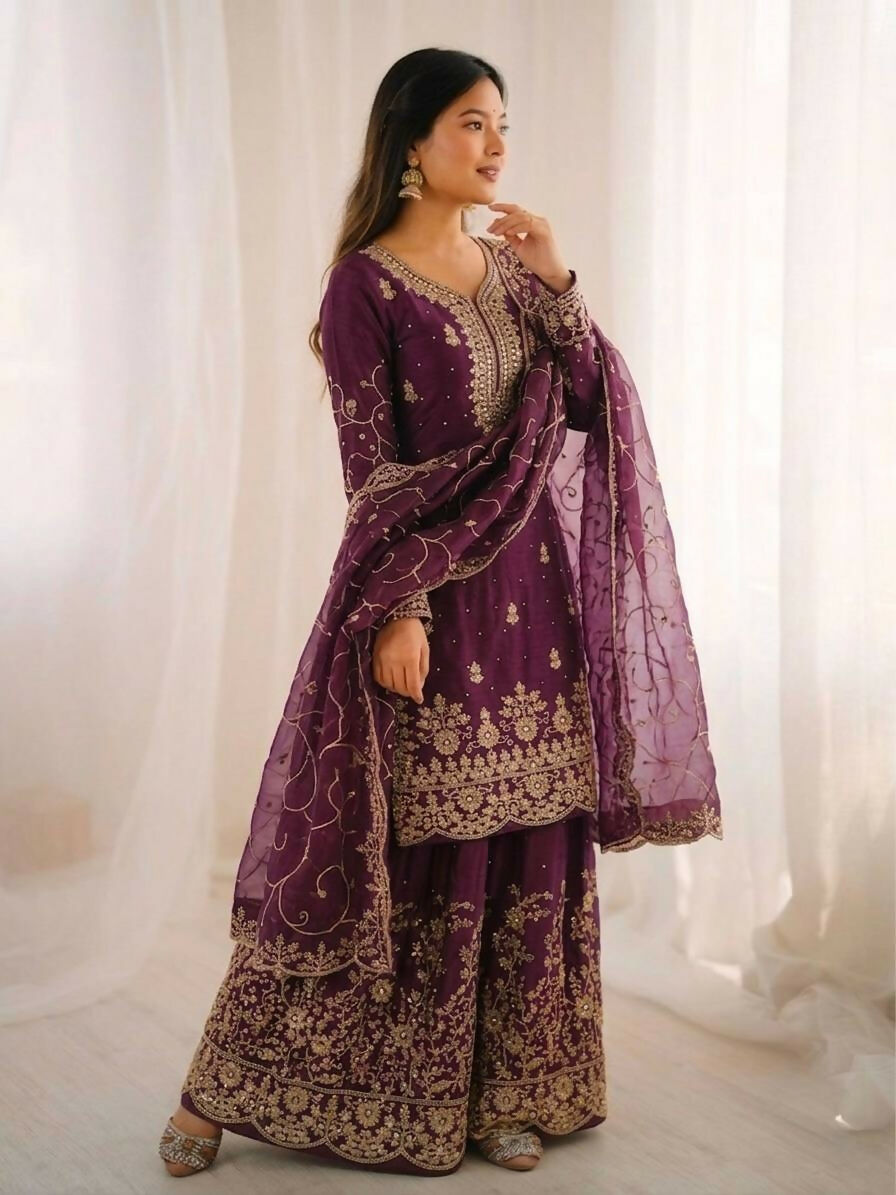 Teeya Creation Wine Color Gymmi Silk Embroidery Work Wedding Wear Sharara Set | Grocsy