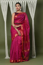 Very Much Indian Handloom Cotton Silk Maheshwari Saree With Sleek Golden Border - Red | Grocsy