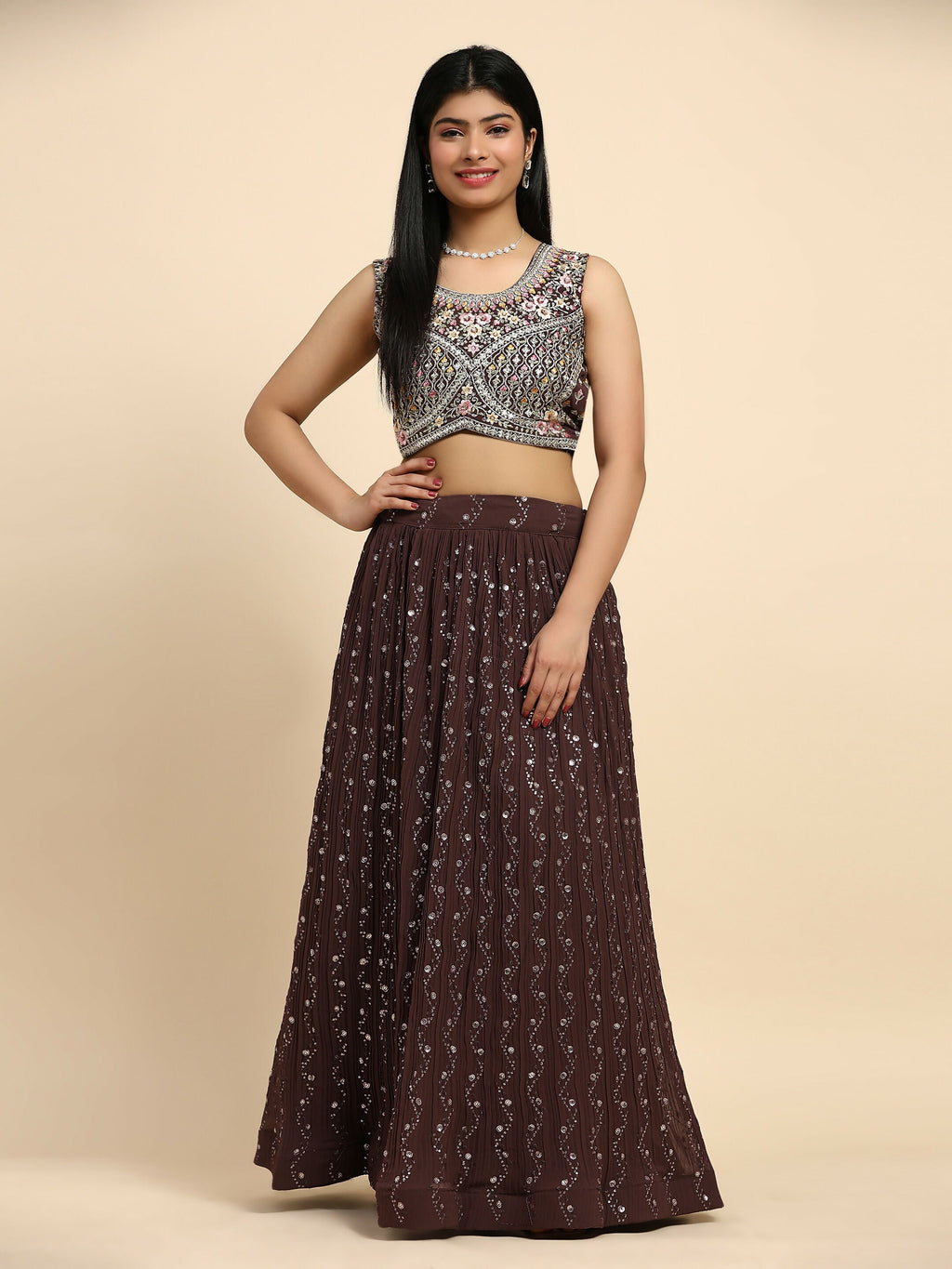 Brown Georgette Embroidered Lehenga choli with Dupatta - Dhara | Grocsy