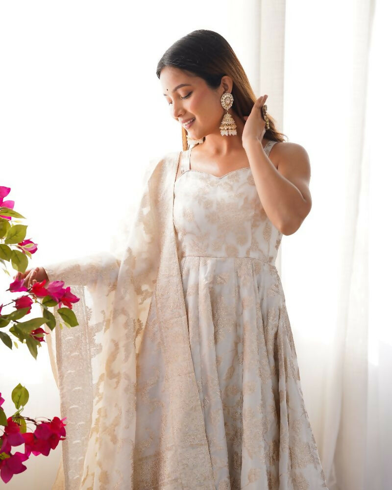 The52 Women's Gorgeous Jacquard Work Jacquard Silk Fabric Flared Anarkali Pant and Dupatta Set | Grocsy
