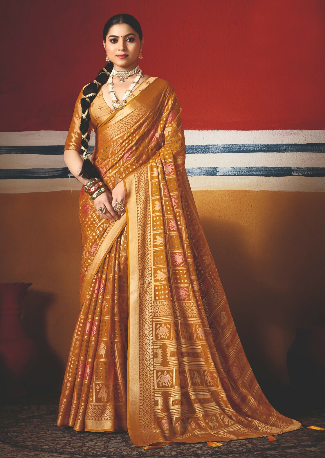 Joban Fashion Yellow Dull Moss Brasso Saree | Grocsy