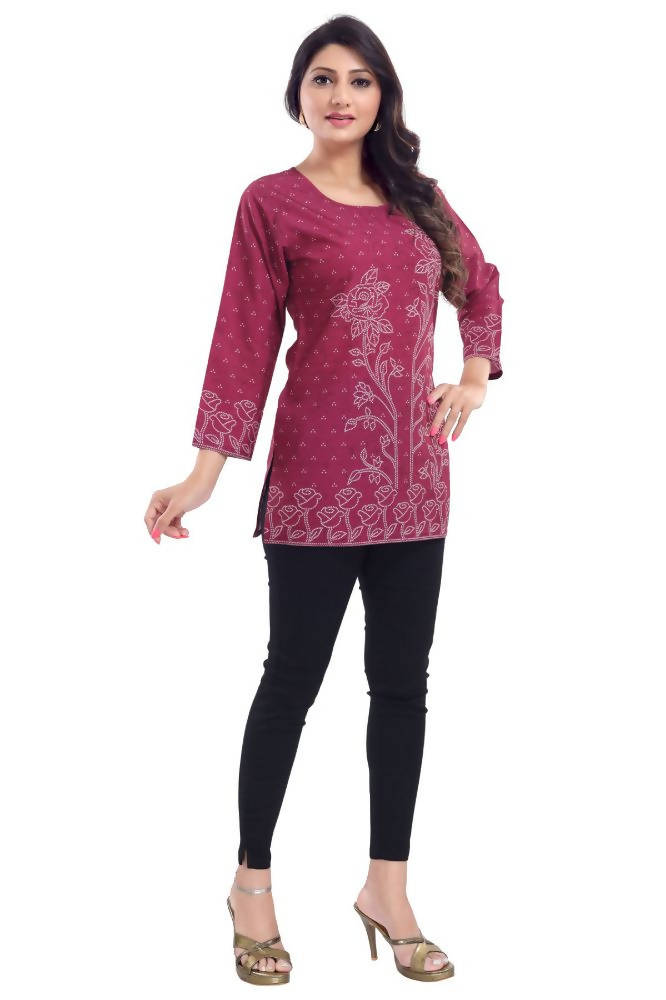 Snehal Creations Magenta Faux Crepe Short Kurti Tunic Top | Grocsy