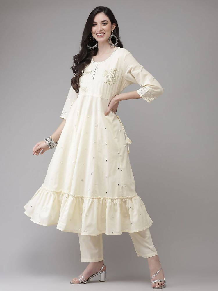 Yufta Women Cream-Embroidered Pure Cotton A-line Kurta with Trouser and Dupatta | Grocsy