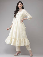 Yufta Women Cream-Embroidered Pure Cotton A-line Kurta with Trouser and Dupatta | Grocsy