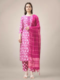 Jyoti Fashion Women's Pink Rayon Print with Embroidery & Fancy Lace Work Kurta with Trouser & Dupatta | Grocsy