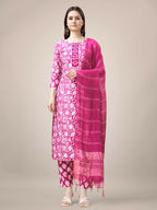 Jyoti Fashion Women's Pink Rayon Print with Embroidery & Fancy Lace Work Kurta with Trouser & Dupatta | Grocsy