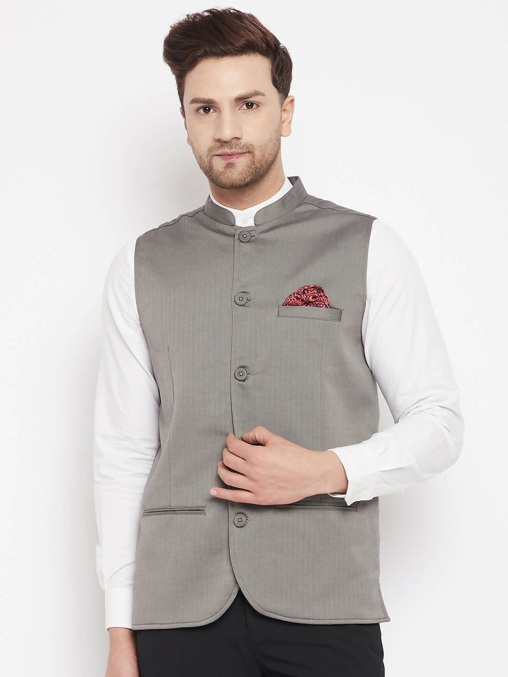 Even Apparels Grey Polyester Men's Nehru Jacket-Contrast Lining-Inbuilt Pocket Square | Grocsy
