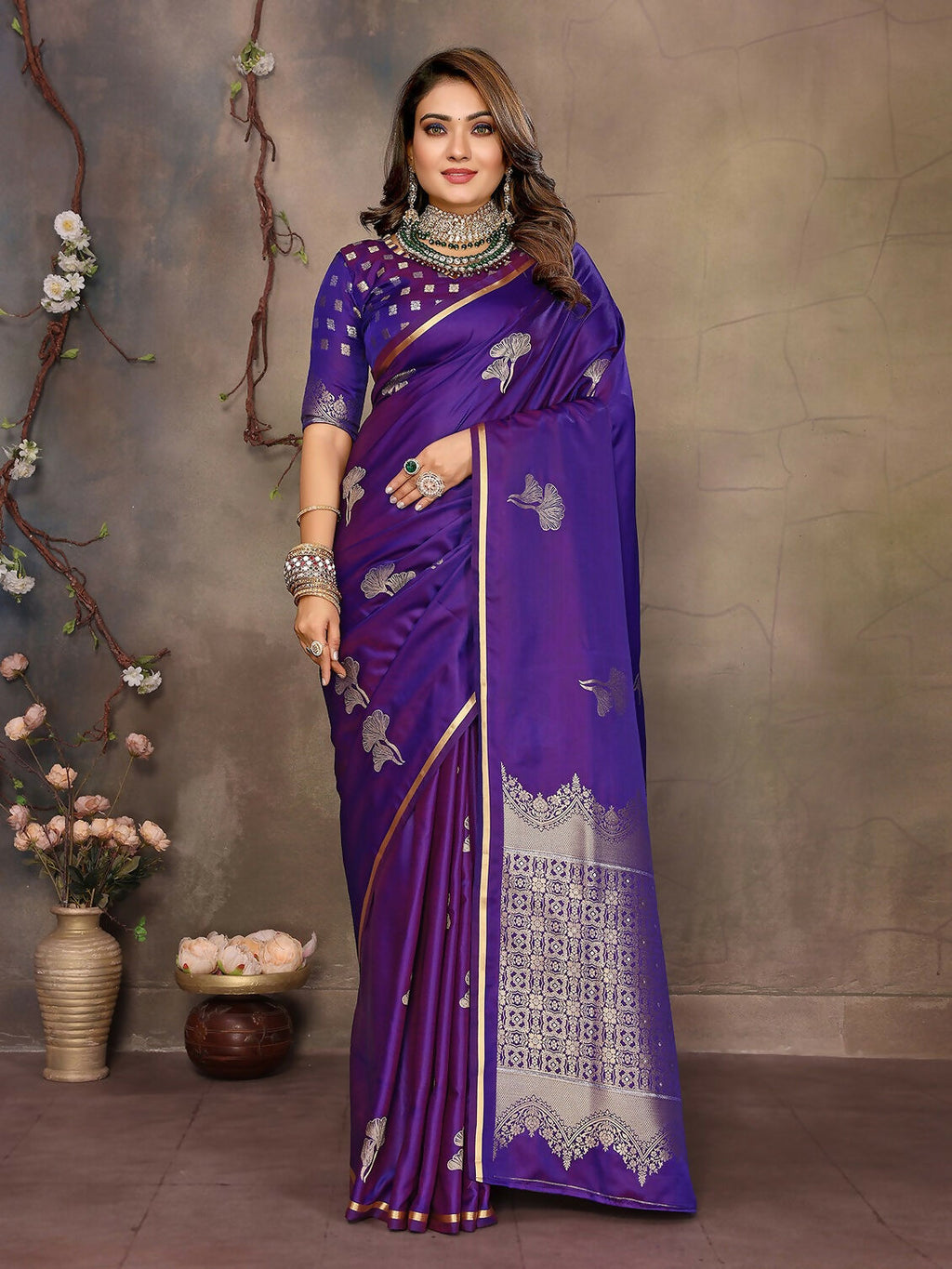 Joban Fashion Purple Floral Motifs Banarasi Silk Sarees | Grocsy