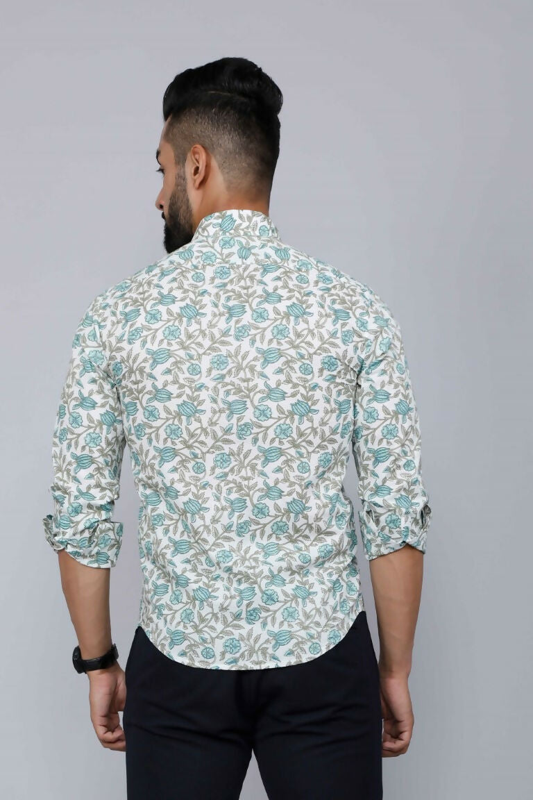 Miravan Men's Spread Collar White & Green Floral Print Slim Fit Shirt | Grocsy