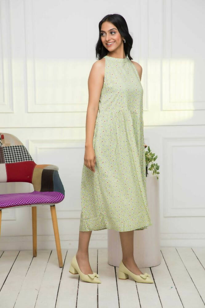 Myshka Women Ethnic Motifs Rayon A-Line Round Neck Green Dress | Grocsy