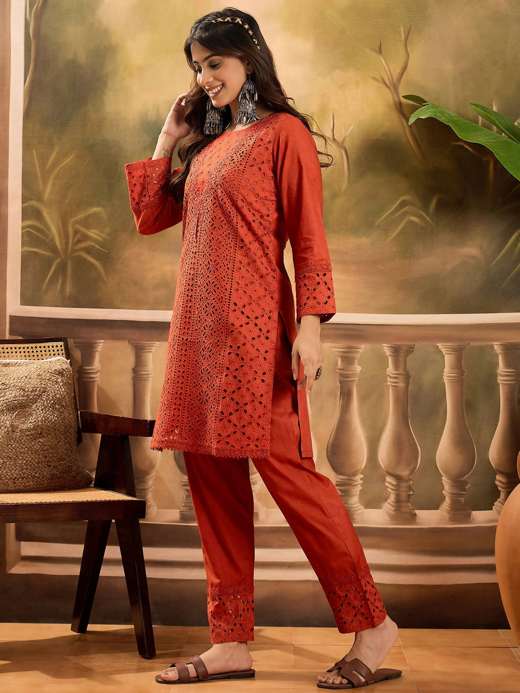Joban Fashion Embroidery Rust Pure Cotton Cord Set | Grocsy