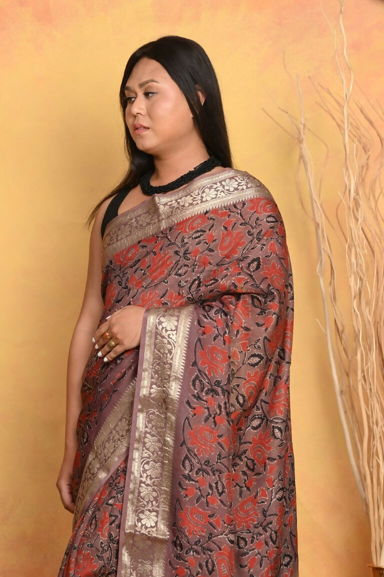 Very Much Indian Modal Silk Ajrakh Handblock Printed Natural Dyes With Designer Border Saree - Maroon | Grocsy