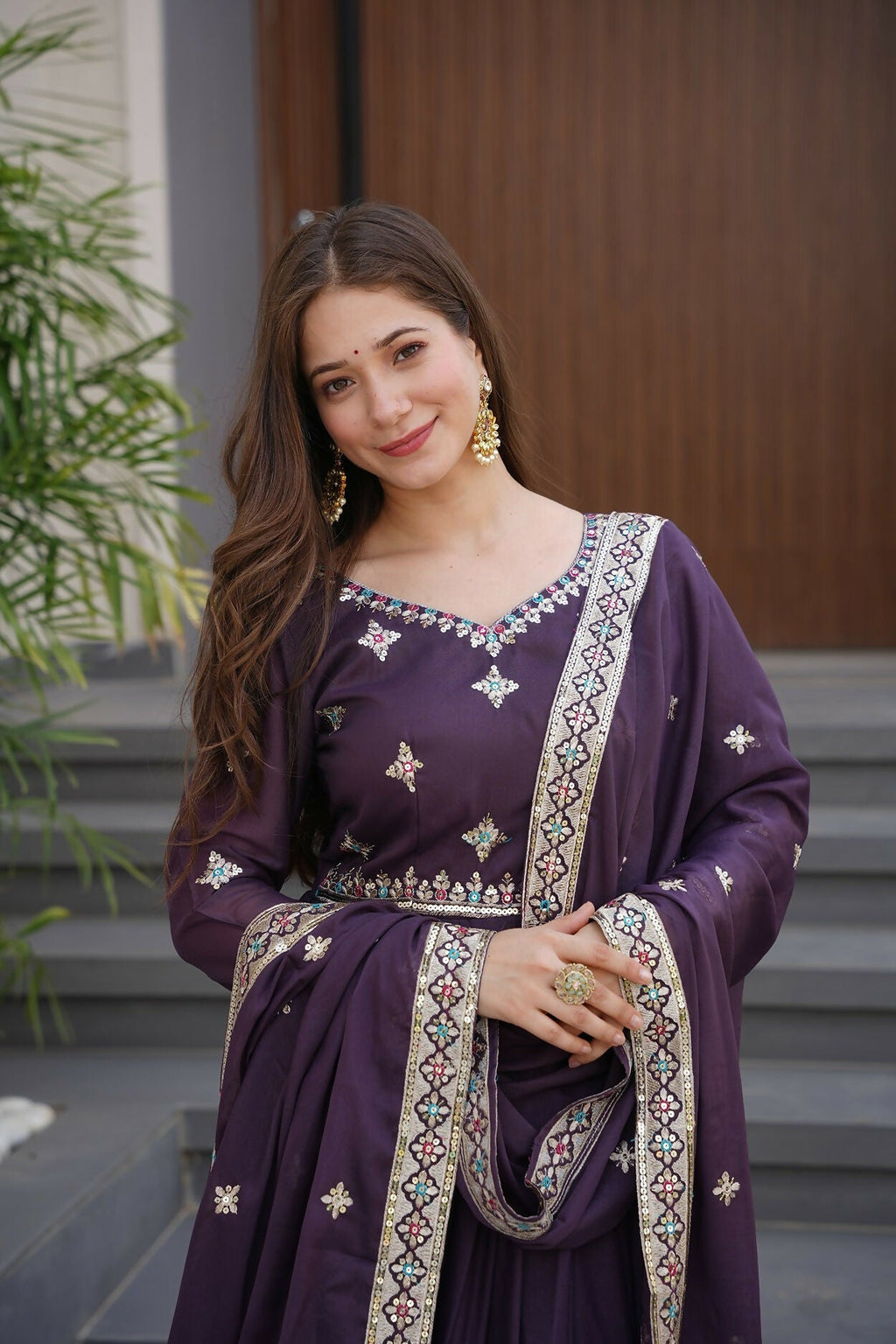 Teeya Creation Violet Color Pure Diamond Silk Wedding Wear Long Gown | Grocsy