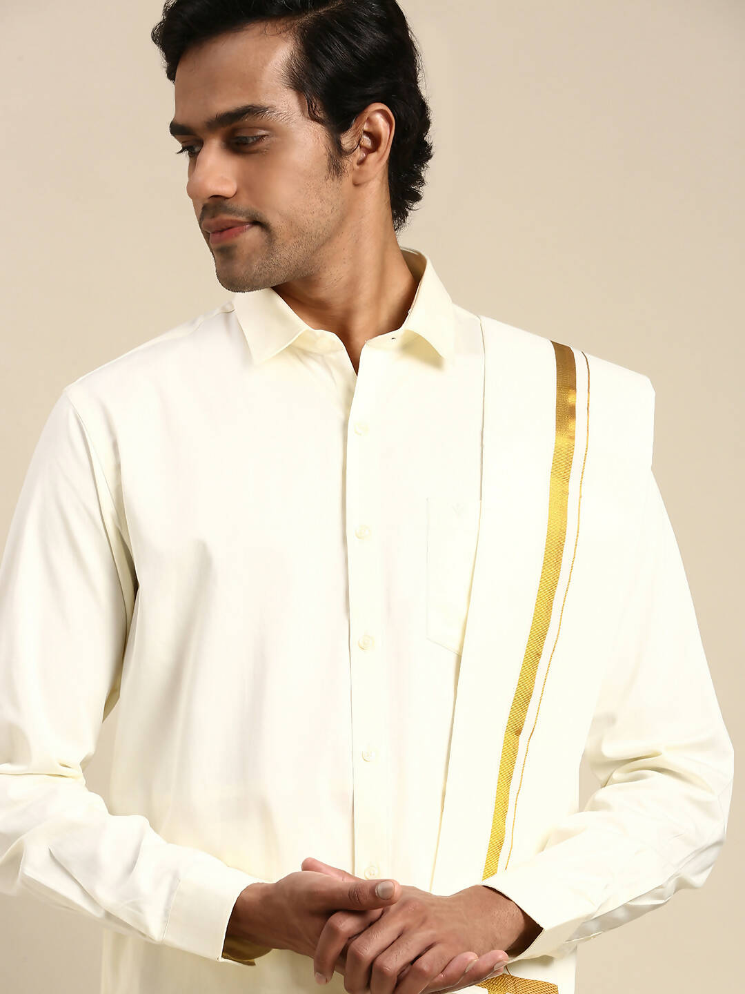 Ramraj Cotton Premium Wedding Cream Regular Dhoti, Shirt & Towel Set Golden Reward | Grocsy