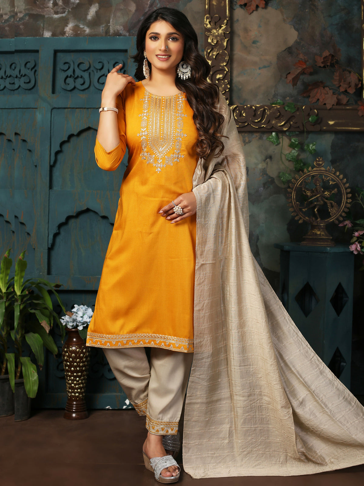 Vamika Chinon Embroidery Mustard Party Wear/Casual Wear/Office Wear Kurta Set/Suit | Grocsy