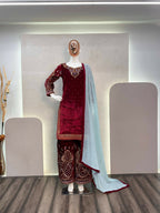 Vastranavya Maroon Viscose Velvet Cording Sequence Embroidery Work Suit With Dupatta | Grocsy