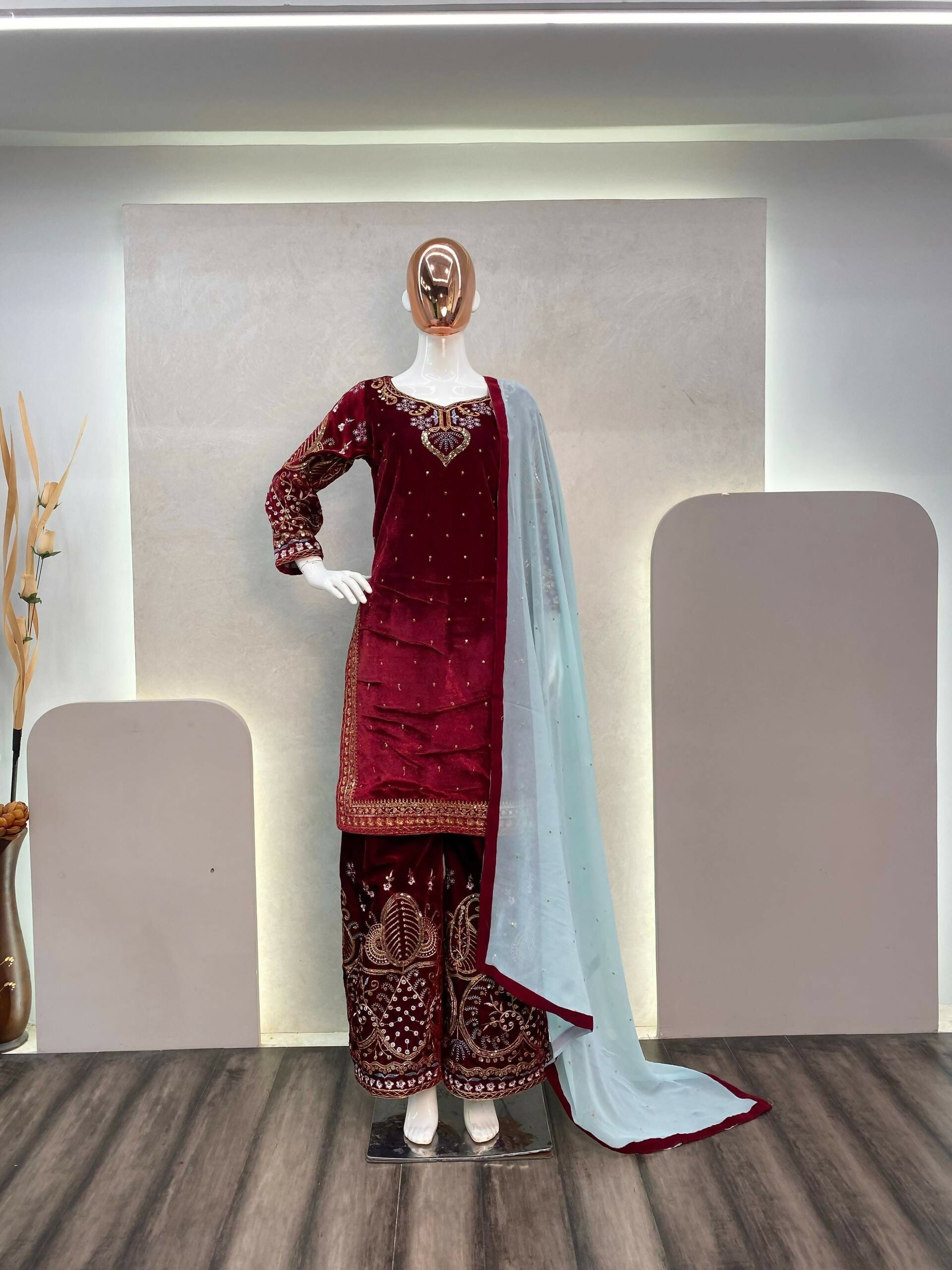 Vastranavya Maroon Viscose Velvet Cording Sequence Embroidery Work Suit With Dupatta | Grocsy