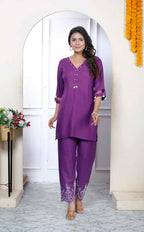 Miravan Women's Purple Solid Rayon Straight Co-Ord Set | Grocsy
