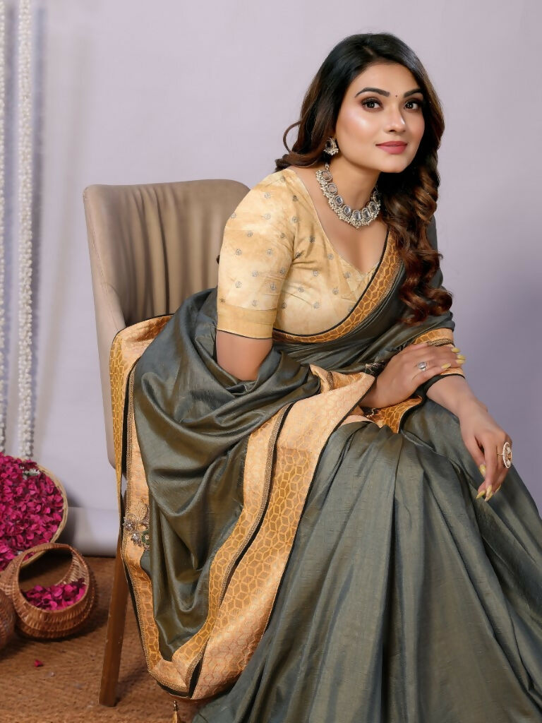 Olive Tusser Silk Resham Cord And Sequins Embroidery Handwork Butta Saree - Norita Saumya | Grocsy