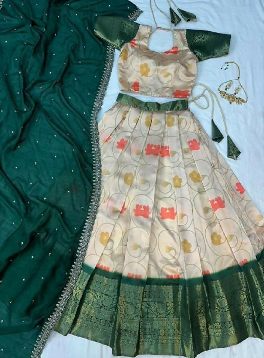Teeya Creation Womens New Trendy Designer Green Floral Lehenga Choli Set with Contrast Border and Dupatta Set | Grocsy
