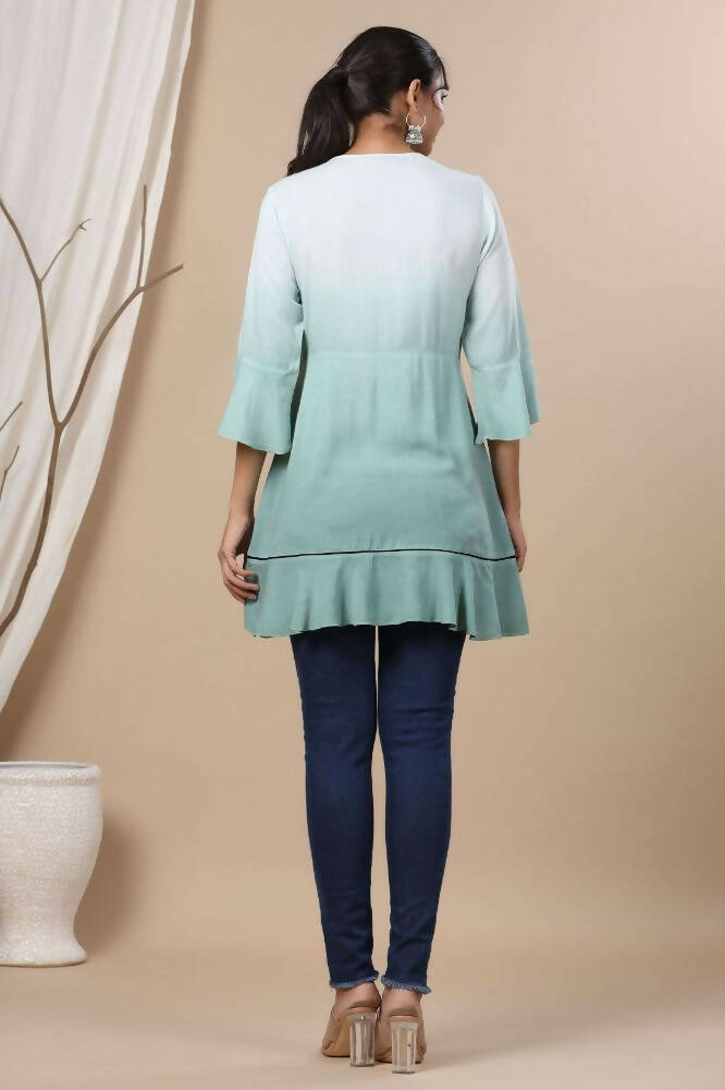 Juniper Sage Green Rayon Festive Embroidered Tiered Tunic For Women | Grocsy