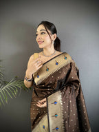 Joban Fashion Brown Peacock & Floral Motifs Soft Lichi Silk Kanchipuram Saree | Grocsy