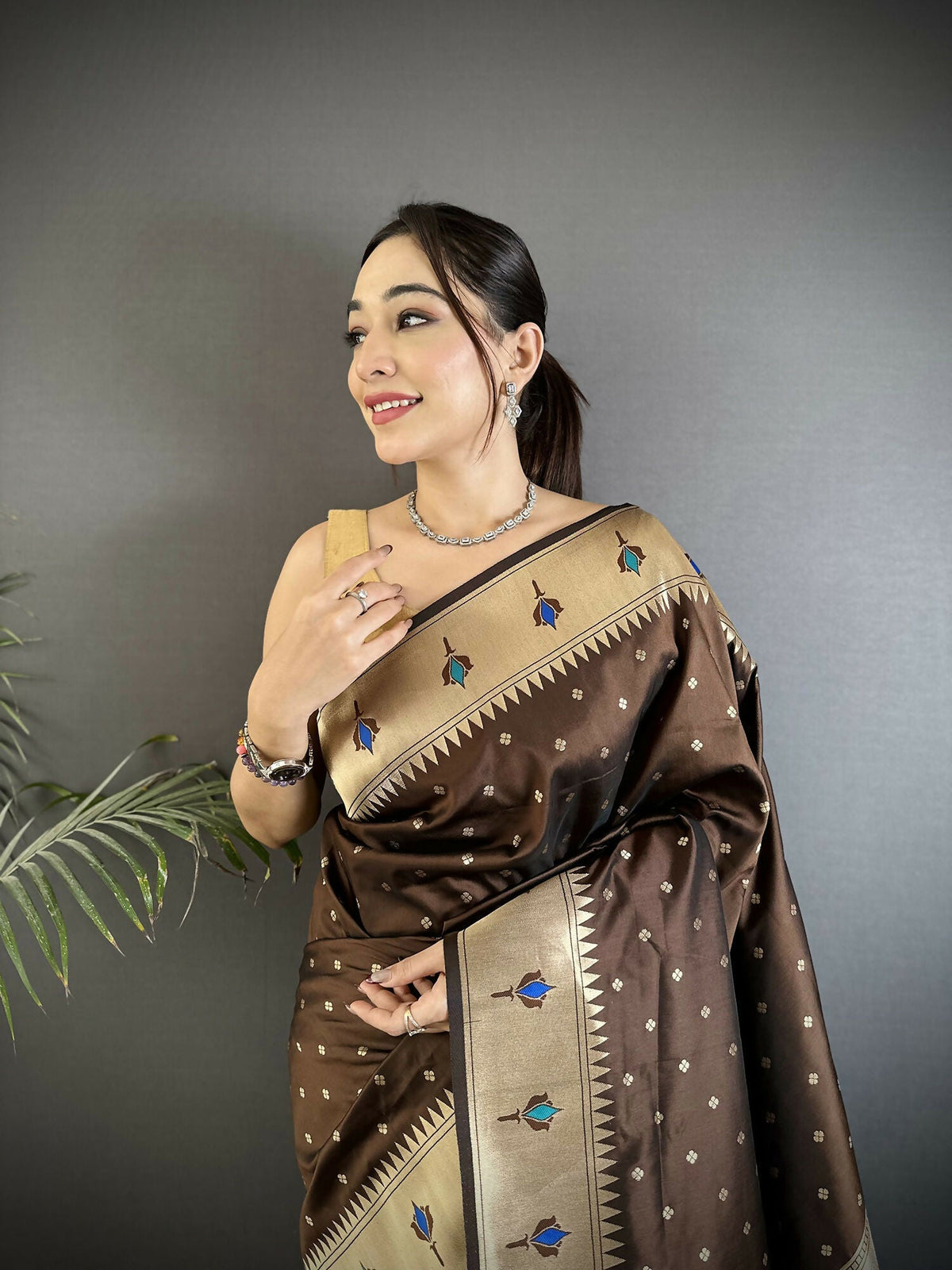 Joban Fashion Brown Peacock & Floral Motifs Soft Lichi Silk Kanchipuram Saree | Grocsy