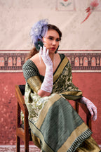Vastranavya Mehendi Tussar Silk Printed with Viscose Border Saree & Unstitched Blouse | Grocsy