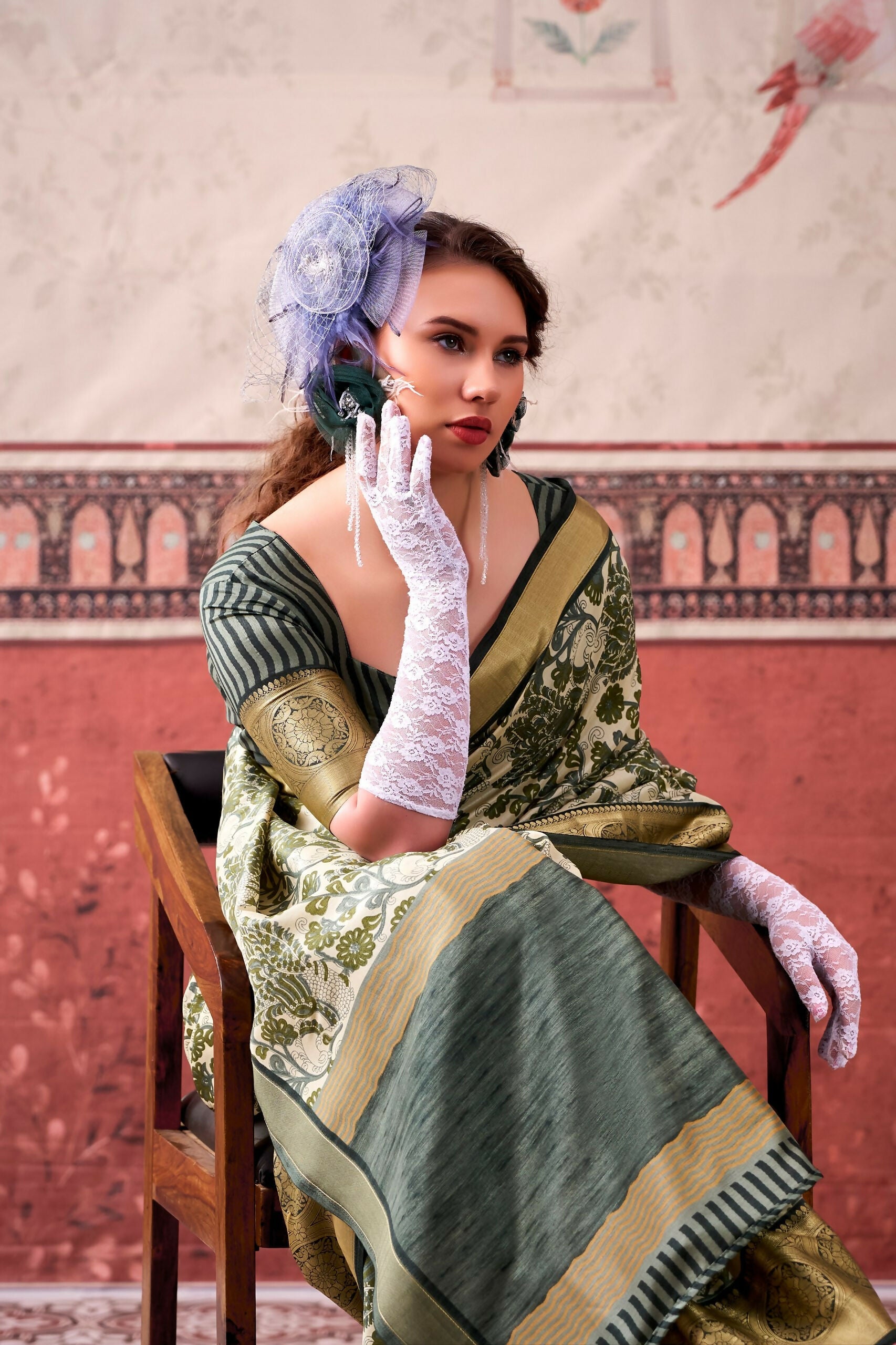 Vastranavya Mehendi Tussar Silk Printed with Viscose Border Saree & Unstitched Blouse | Grocsy