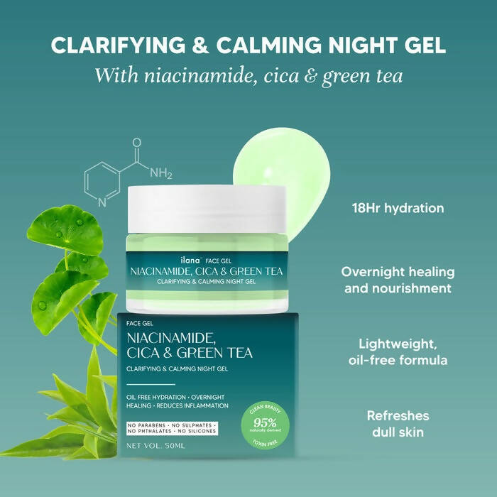 Ilana Clarifying & Calming Night Face Gel With Green Tea, Cica & 3% Niacinamide | Grocsy