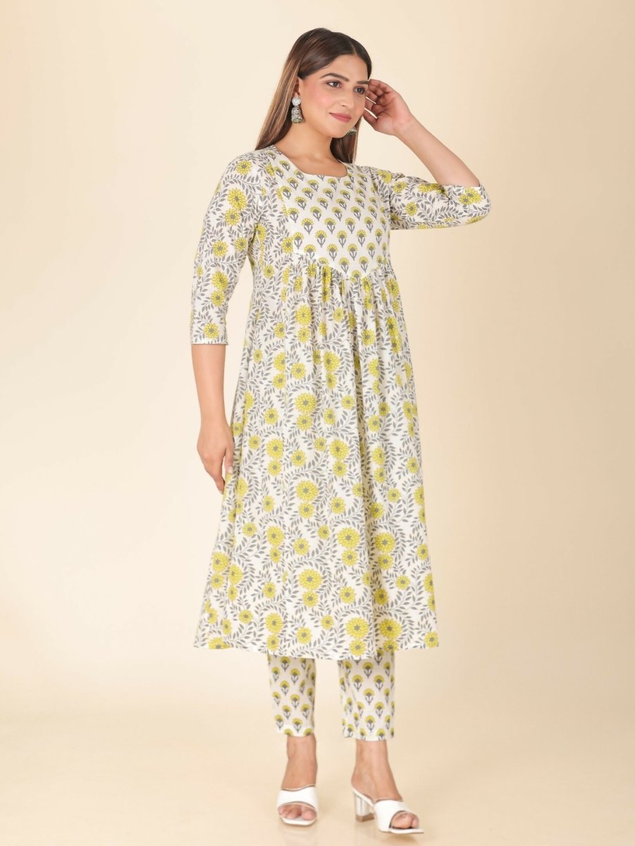 Aramya Yellow Soft Cotton Floral Print A-line Kurta Set for Women | Grocsy