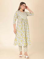 Aramya Yellow Soft Cotton Floral Print A-line Kurta Set for Women | Grocsy