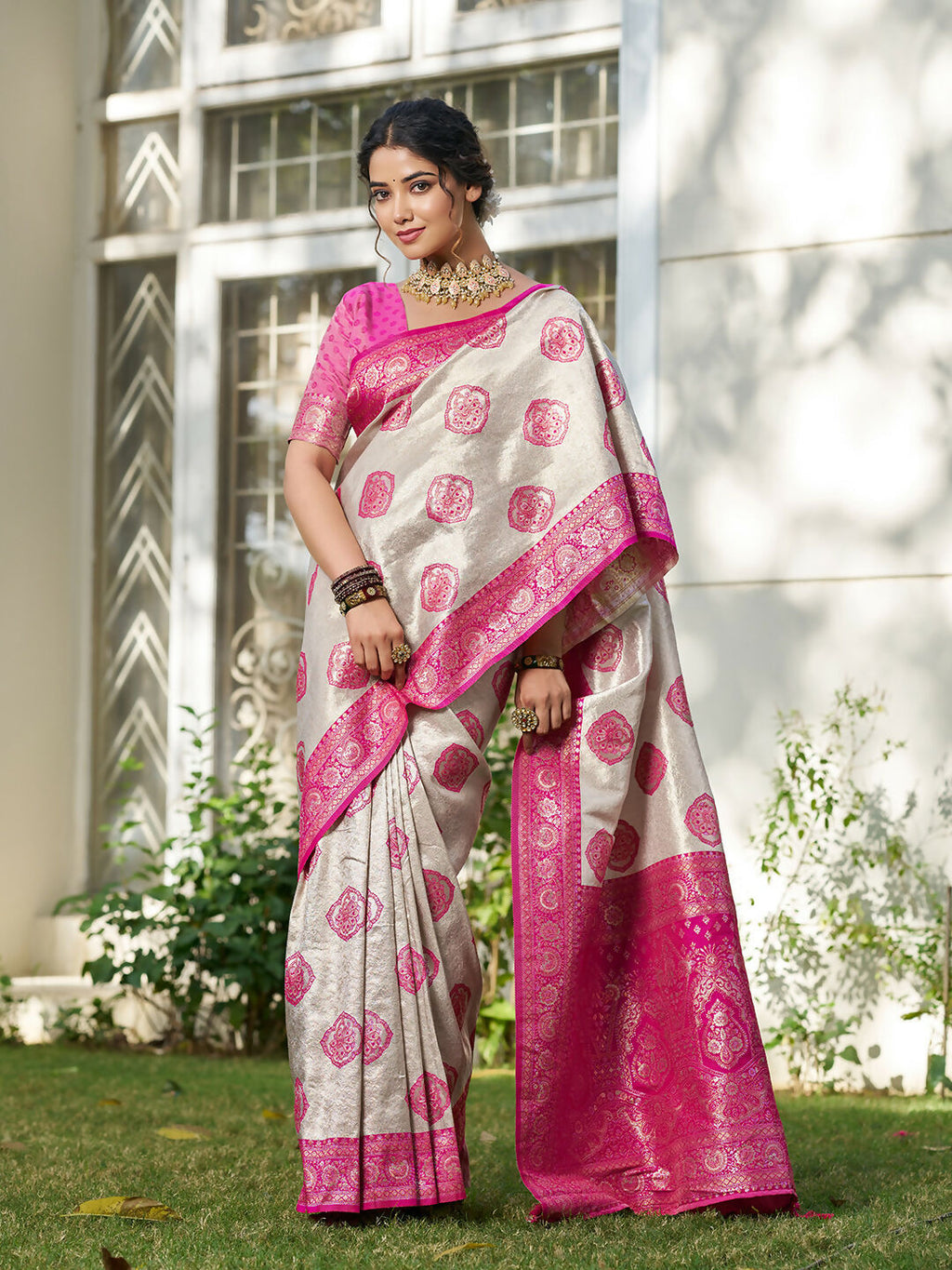 Shree Shyam Fashion Cream With Pink Silk Blend Saree | Grocsy
