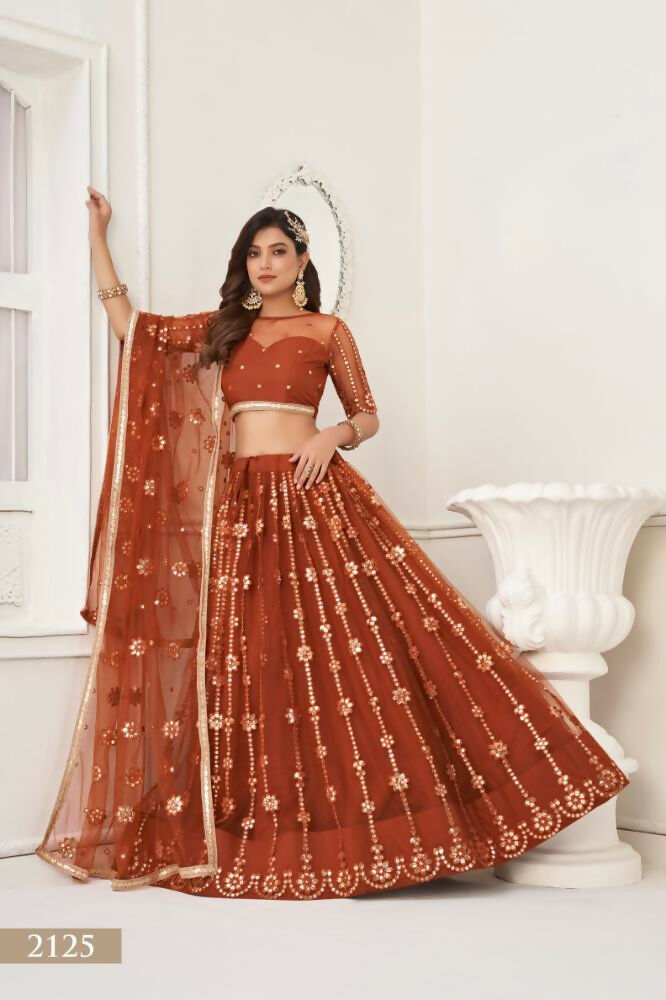 Aastha Fashion Brown Butterfly Net Tone To Tone Thread Work And Mirror Work Embroidery Wedding Wear Lehenga Choli | Grocsy