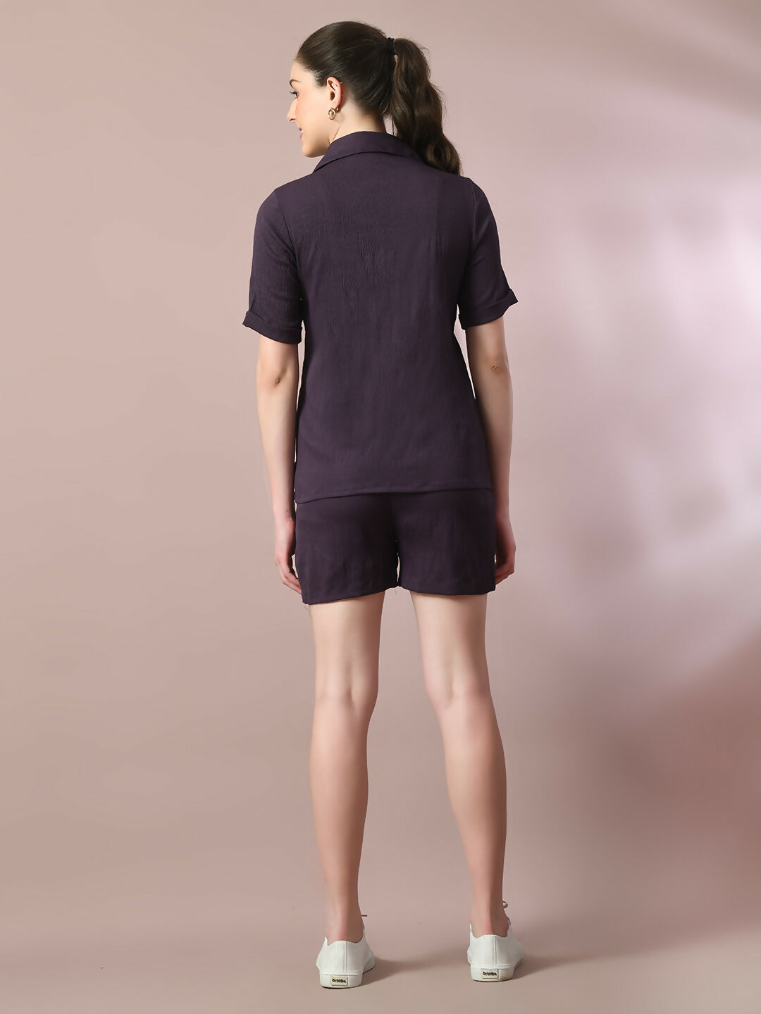 Myshka Women's Violet Solid Shirt Collar Party Shirt With Shorts Co-ord set | Grocsy