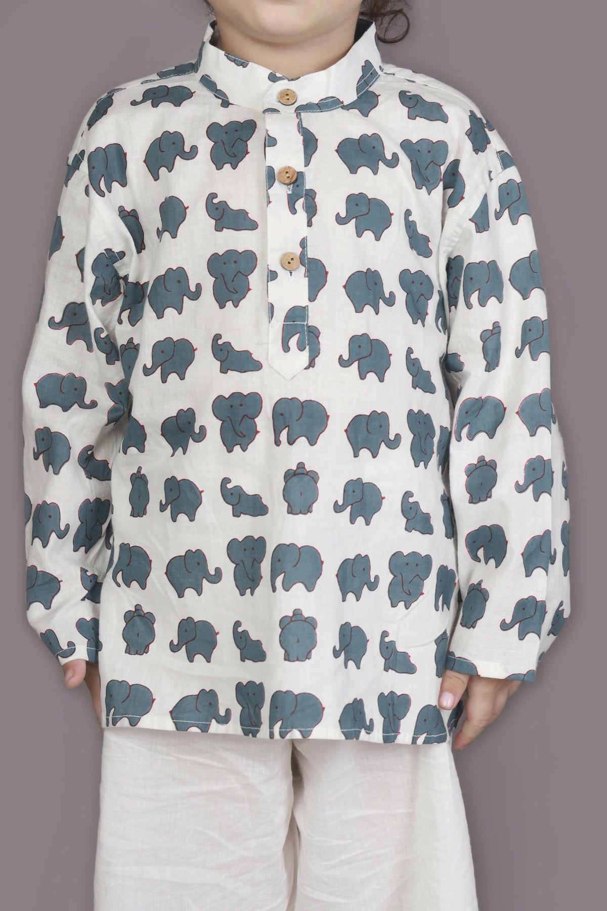 Breathables Kids Cotton Night Suit – White Elephant Print Kurta & Pyjama Co-Ord Set For Boys & Girls | Grocsy