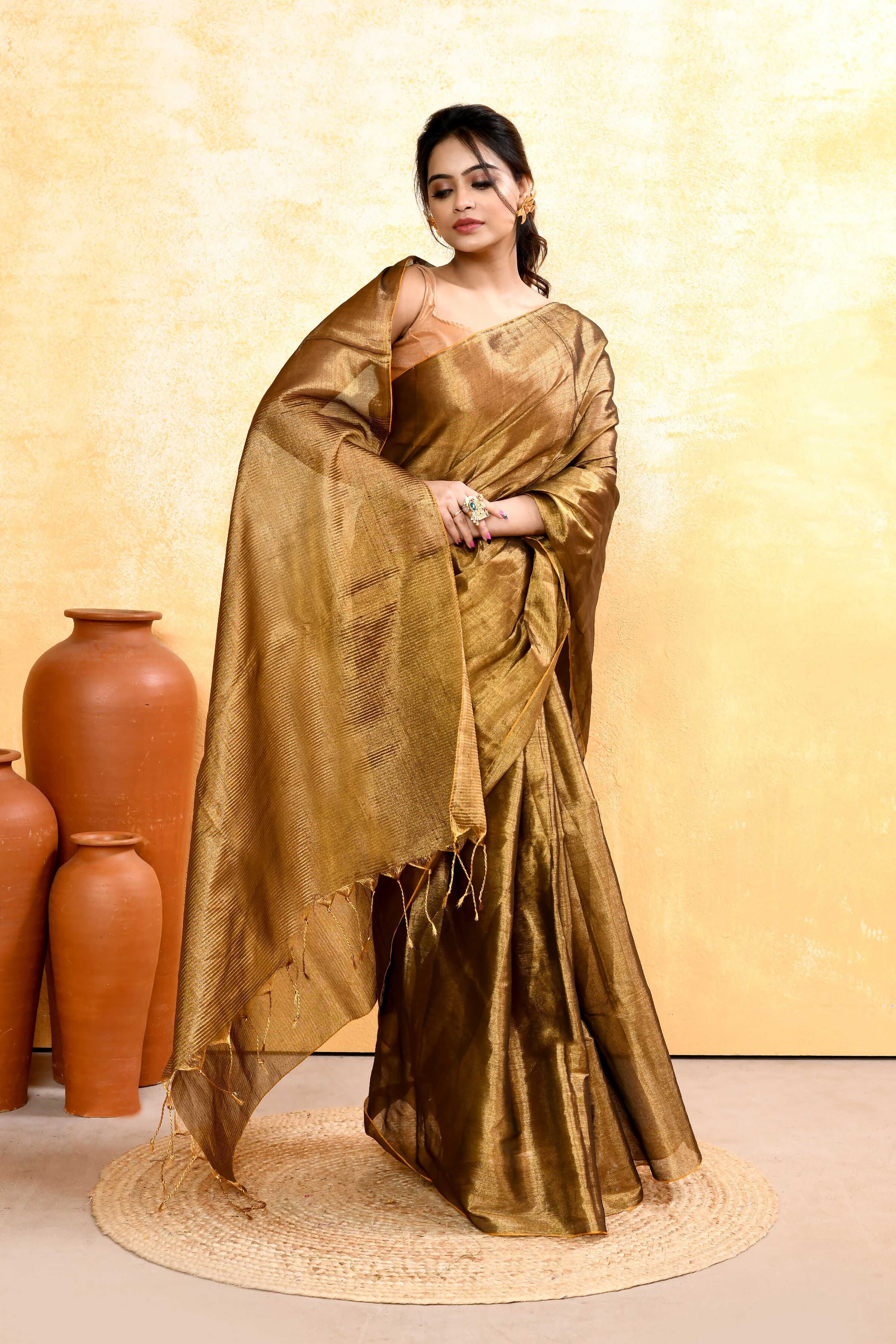 Piyari Fashion Women's Gold Dual Tone Organic Tissue Saree With Blouse Piece | Grocsy