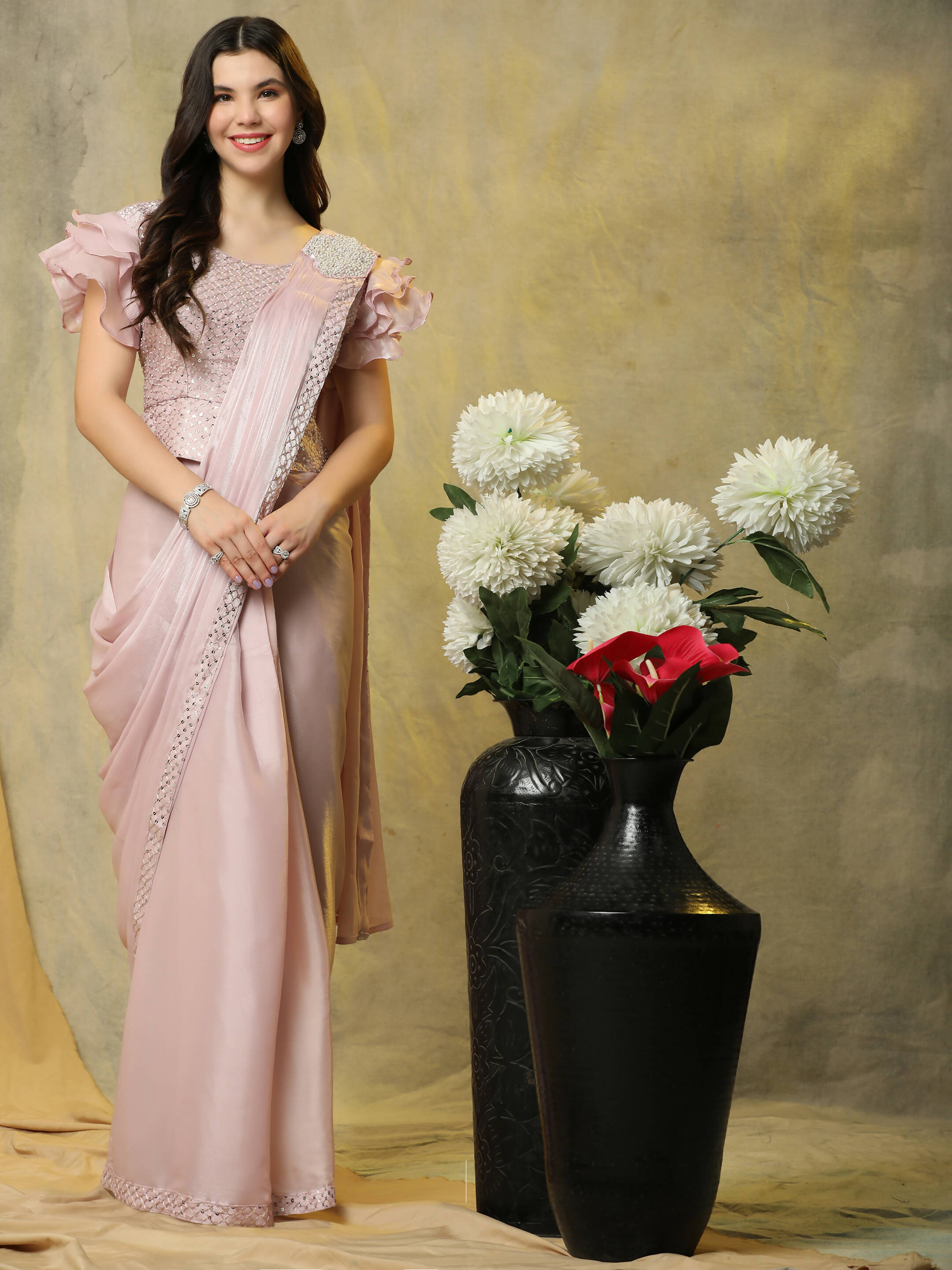 Light Pink Silk Satin Sequence Work Ready to Wear Saree with stitched Blouse - Nirvana | Grocsy