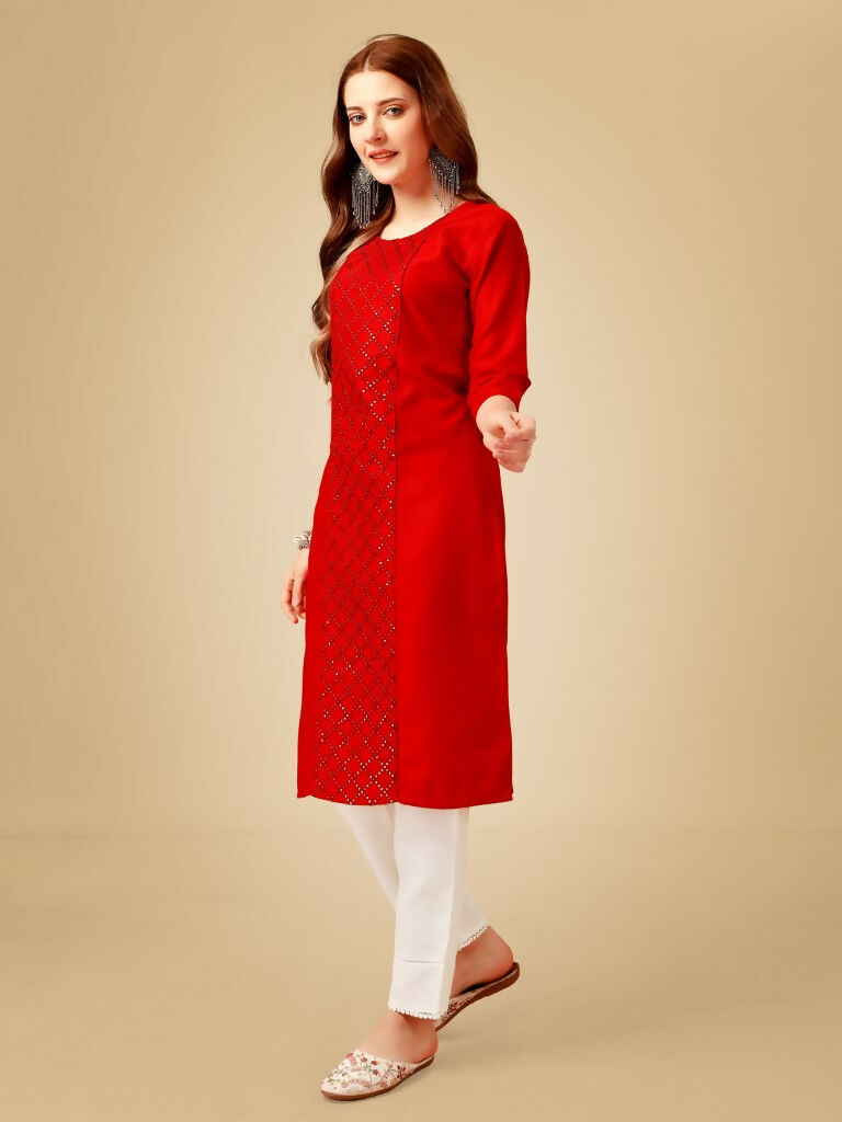 Jyoti Fashion Women's Red Cotton Blend Embroidered Kurta Pant Set | Grocsy