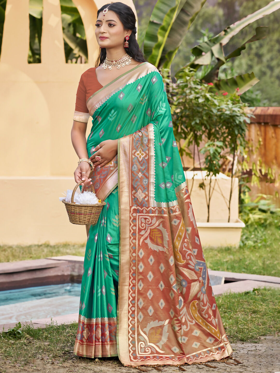 Shree Shyam Fashion Rama Green Pochampally Silk Saree | Grocsy