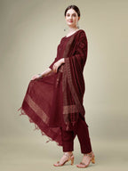 Jyoti Fashion Women's Maroon Cotton Blend Embroidery & Sequence work Kurta with Trouser & Dupatta | Grocsy