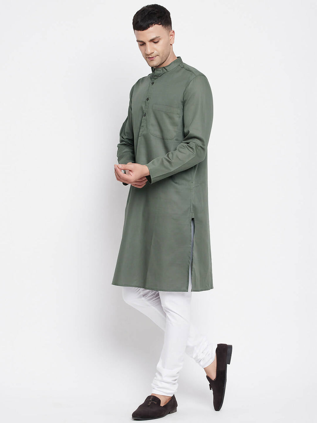 Even Apparels Green Color Linen Men's Kurta With Band Collar | Grocsy