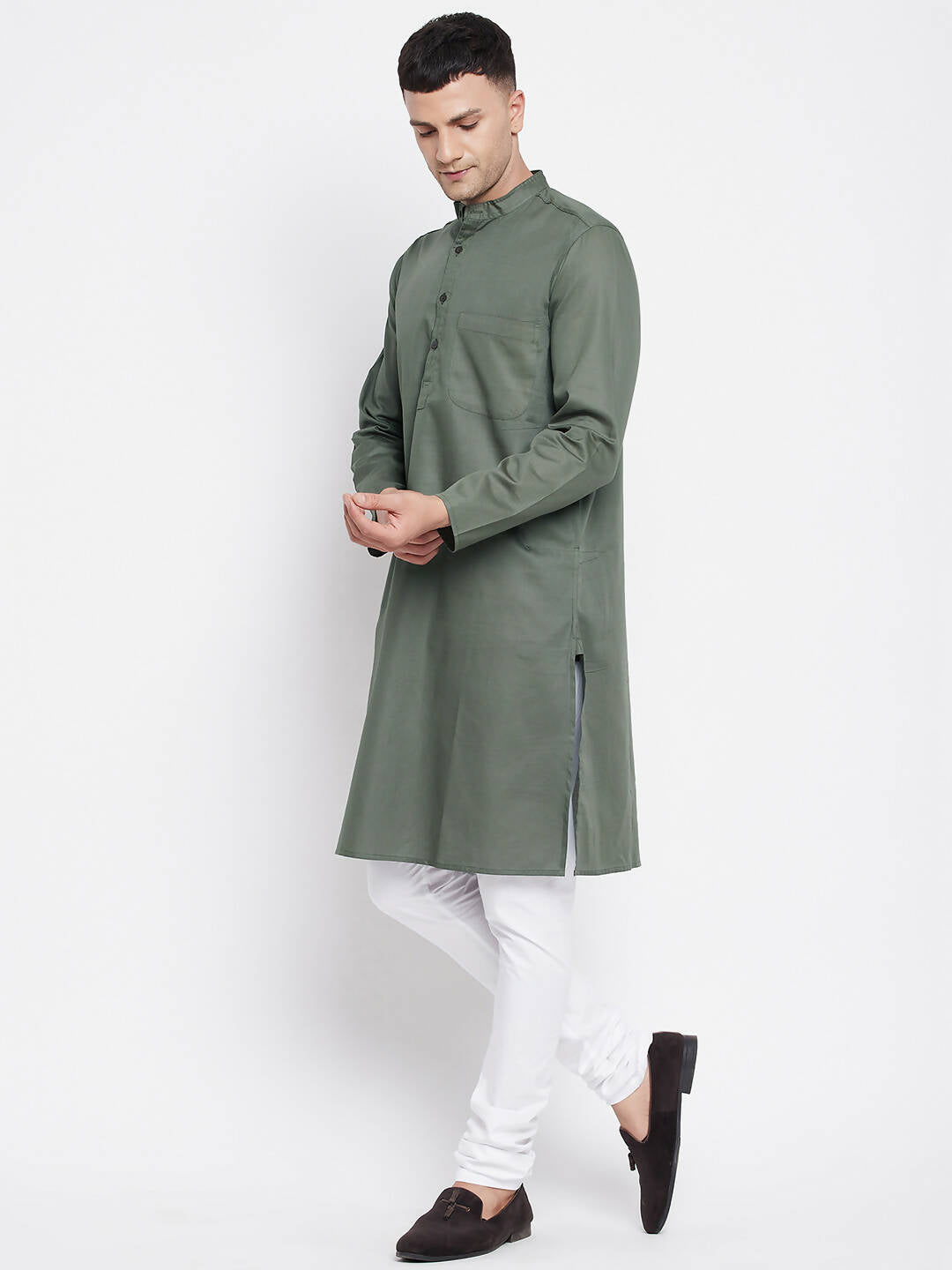 Even Apparels Green Color Linen Men's Kurta With Band Collar | Grocsy