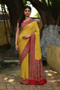 Joban Fashion Yellow Crepe Chiffon Pure Handloom Banarasi Silk Saree | Grocsy