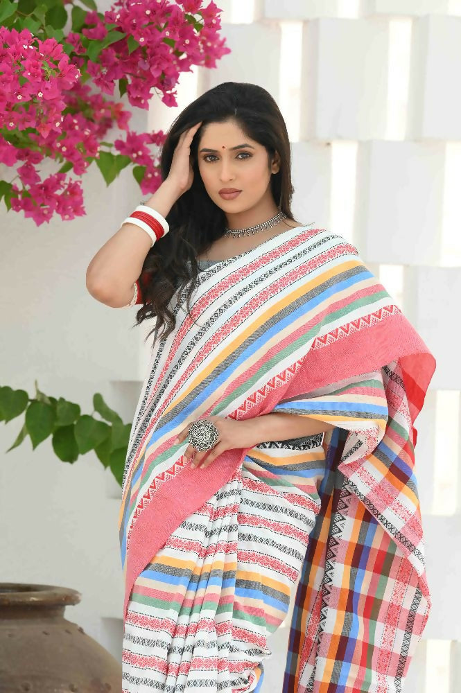Beatitude Multicolor Cotton Handloom Saree | Grocsy